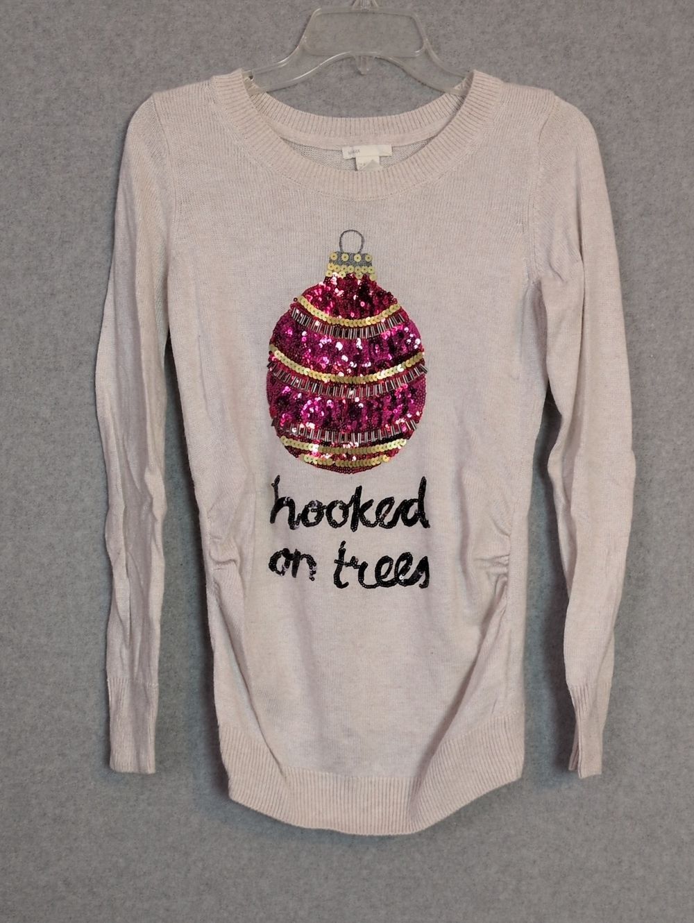 H&M MAMA Beige Christmas Sweater 'Hooked On Trees' Sequin Ornament Maternity S